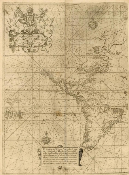 愛德華．賴特（Edward Wright）1598年的世界地圖。圖上可見南北美洲與右上方的格陵蘭島。（© The John Carter Brown Library at Brown University）
