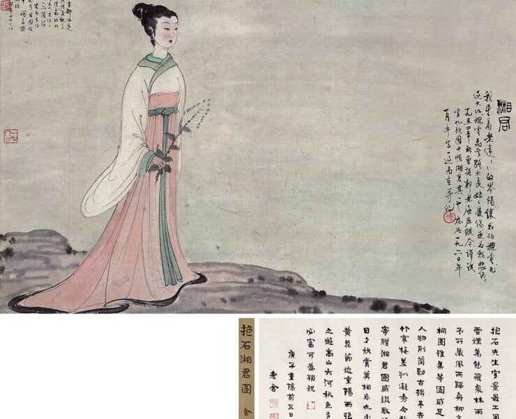 傅抱石1960年作〈湘君〉，畫51×73公分；字35×73公分，預估價人民幣1500萬至2500萬元，成交價人民幣5060萬元。