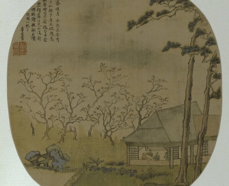 董其昌〈燕吳八景圖〉，絹本設色，上海博物館藏。圖為其中五開。