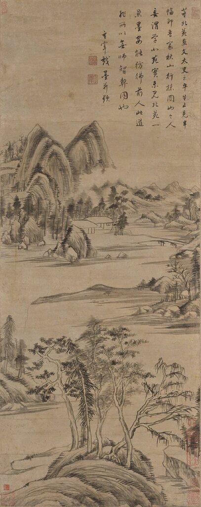 董其昌〈疏樹遙岑圖〉軸,金箋水墨,上海博物館藏。