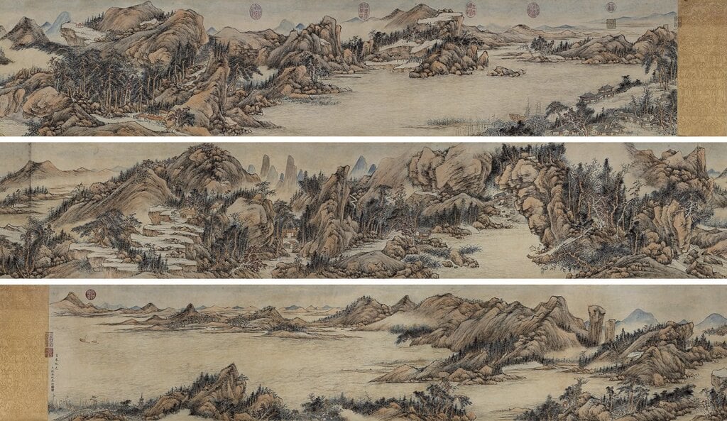 清代錢維城1918年作〈富春秋色圖〉，36.5×562.5公分，預估價人民幣5200萬～6200萬元，成交價人民幣6785萬元。