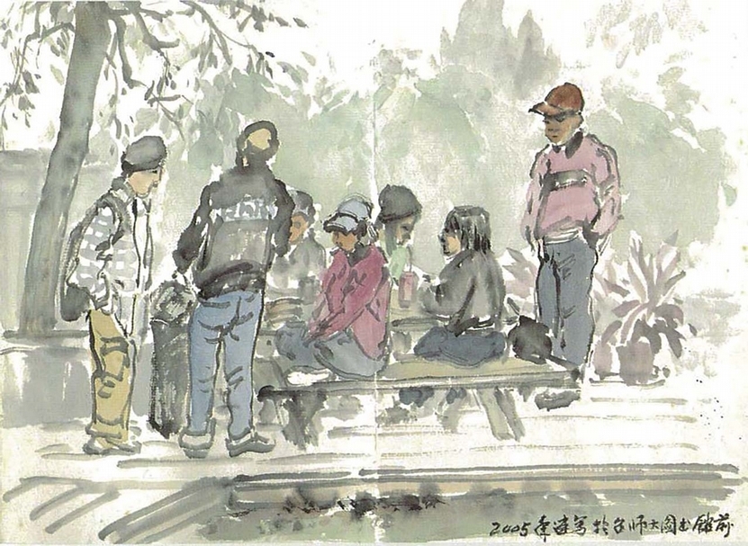 梁秀中2005年作〈師大校園〉，16×22公分。