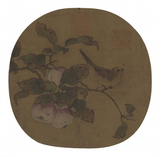 五代黃筌〈蘋婆山鳥〉，24.9×25.4公分。鳥禽：粉紅鸚嘴。（國立故宮博物院提供）