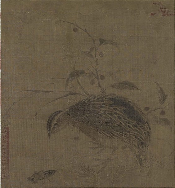 宋崔愨〈杞實鵪鶉〉，27.5×25.5公分。鳥禽：鵪鶉。（國立故宮博物院提供）