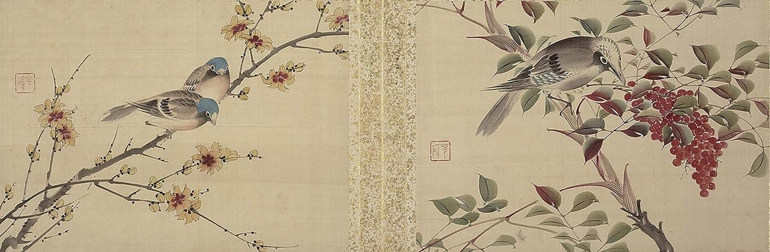 日本明治花蹊女史〈花鳥〉雙幅冊頁，23.5×32.4公分。鳥禽：檀鳥。（國立故宮博物院提供）