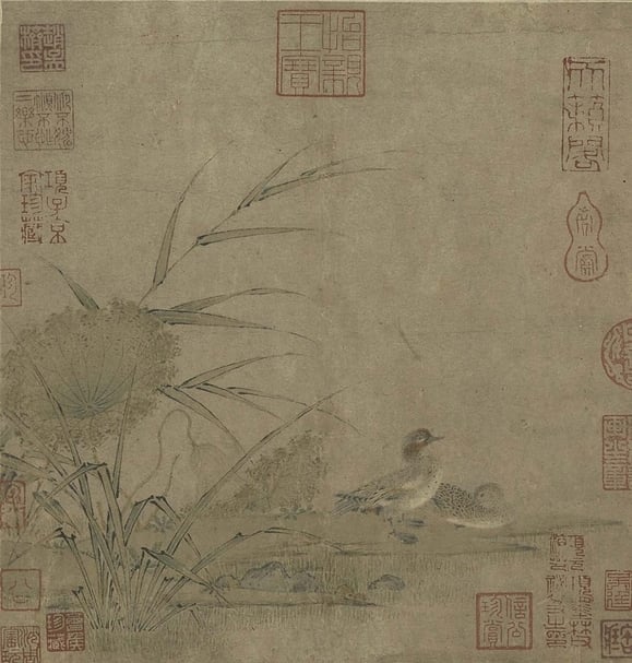 宋惠崇〈秋浦雙鴛〉，27.4×26.4公分。鳥禽：小水鴨。（國立故宮博物院提供）