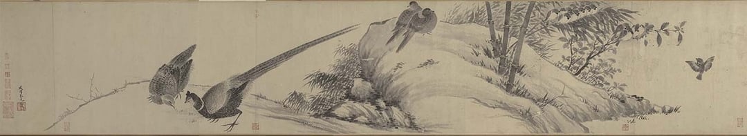 宋法常〈寫生卷〉，44.5×1017.1公分。鳥禽：八哥、環頸雉、朱頸斑鳩、麻雀。圖為局部。（國立故宮博物院提供）