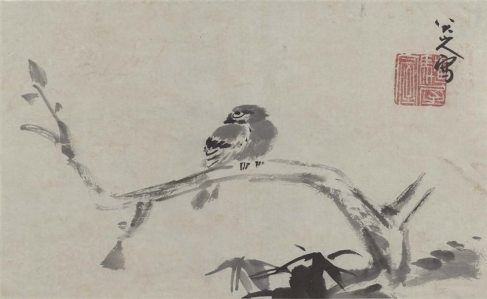 清朱耷〈枯木寒雀〉。鳥禽：麻雀。（國立故宮博物院提供）