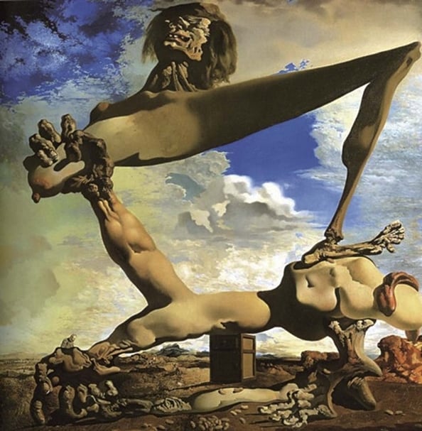 達利《有煮熟豆子的軟結構：內戰的徵兆》，1936.，油彩、畫布，110×84cm，美國費城美術館。