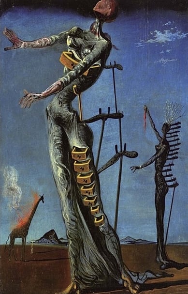 達利《燃燒的長頸鹿》，1936-37，油彩、木板 35×27 cm，瑞士巴塞爾美術館。