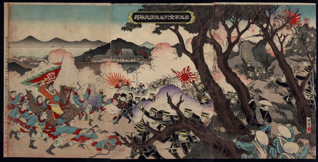 歌川國輝1894年11月作〈第二軍金州並旅順大勝利〉，套色版畫，36×71公分，國立清華大學藏。