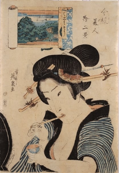 溪齋英泉約19世紀〈現代美人十二景〉，套色版畫，37.3×25.5公分，國立歷史博物館藏。