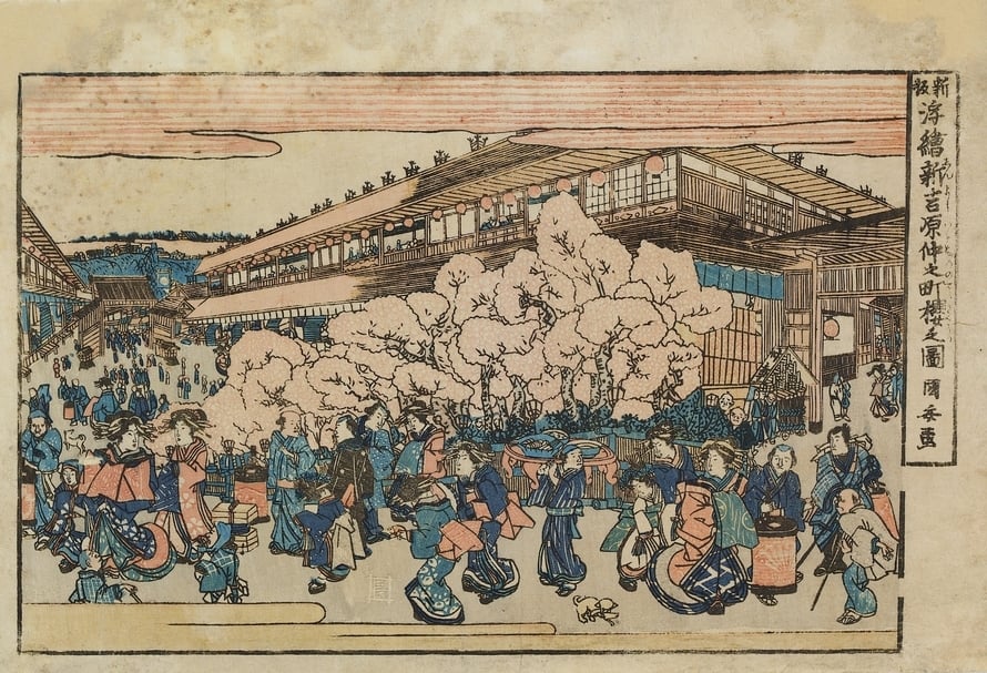 歌川國安約19世紀前半〈新吉原仲之町的櫻花圖〉，套色版畫，25.1×37.9公分。國立歷史博物館藏。