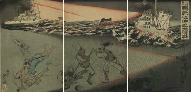 進齋年光1894年10月作〈鴨綠江沖之大海戰〉，套色版畫，37×72公分，國立清華大學藏。