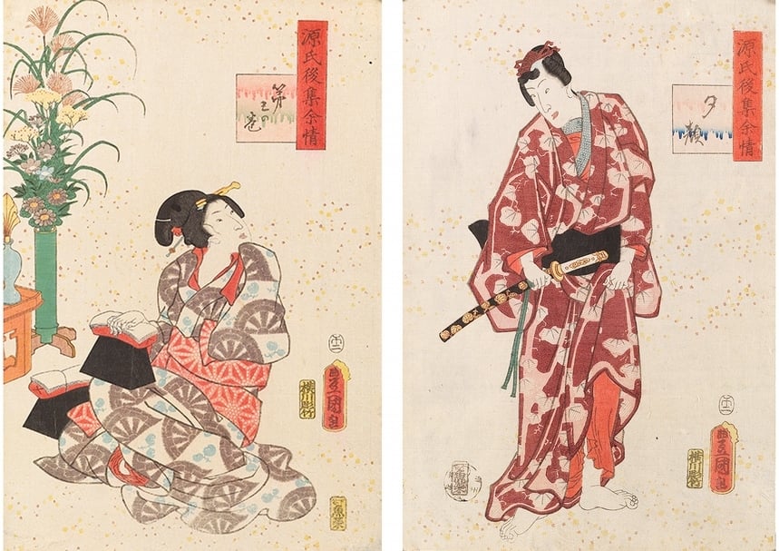 三代豐國1857～1861年作〈源氏下集續情－夕顏／第五卷〉，套色版畫，35.7×24公分；36.1×24.8公分，國立歷史博物館藏。