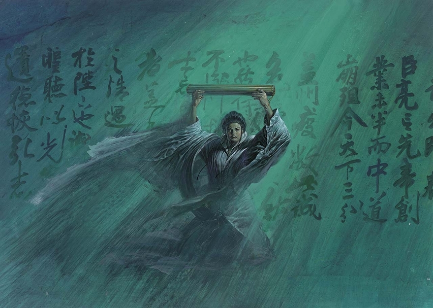 鄭問〈鄭問之三國誌─上出師表〉，51×70公分。作品為傳統三國主題之翻轉，內容描繪諸葛亮以出師表向幼主勸諫，色彩及構圖為這段故事增添不少戲劇性。（國立故宮博物院提供）