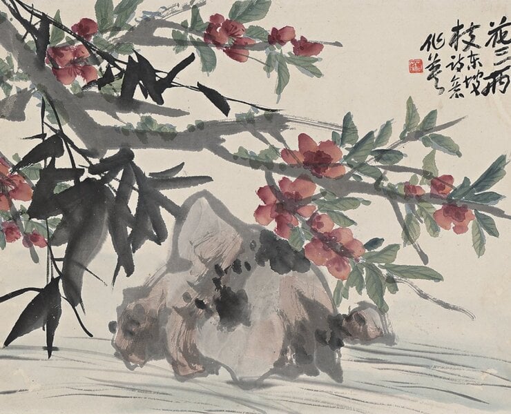 蒲華1888年作〈花卉屏〉，設色紙本二條屏，每屏27.7×40.8公分。©北京故宮博物院。