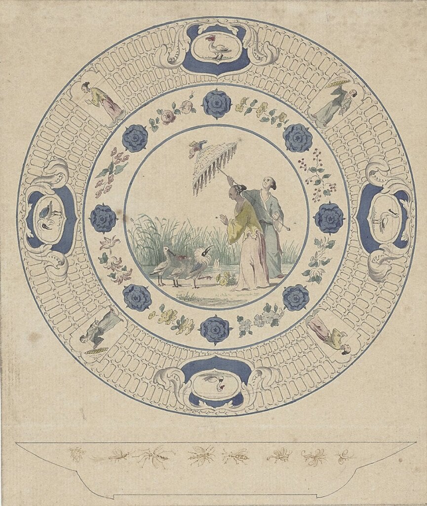 孔奈利斯．普隆克1734～1736年〈執傘美人瓷盤設計稿〉，荷蘭國家博物館藏，RP-T-1967-18。