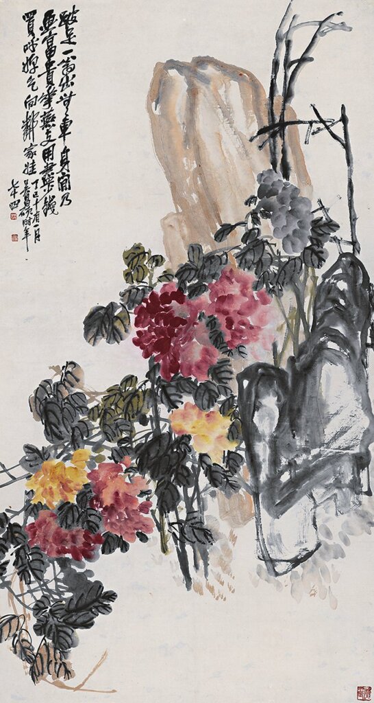 吳昌碩1917年〈牡丹〉，設色紙本立軸，153×82公分。©北京故宮博物院。