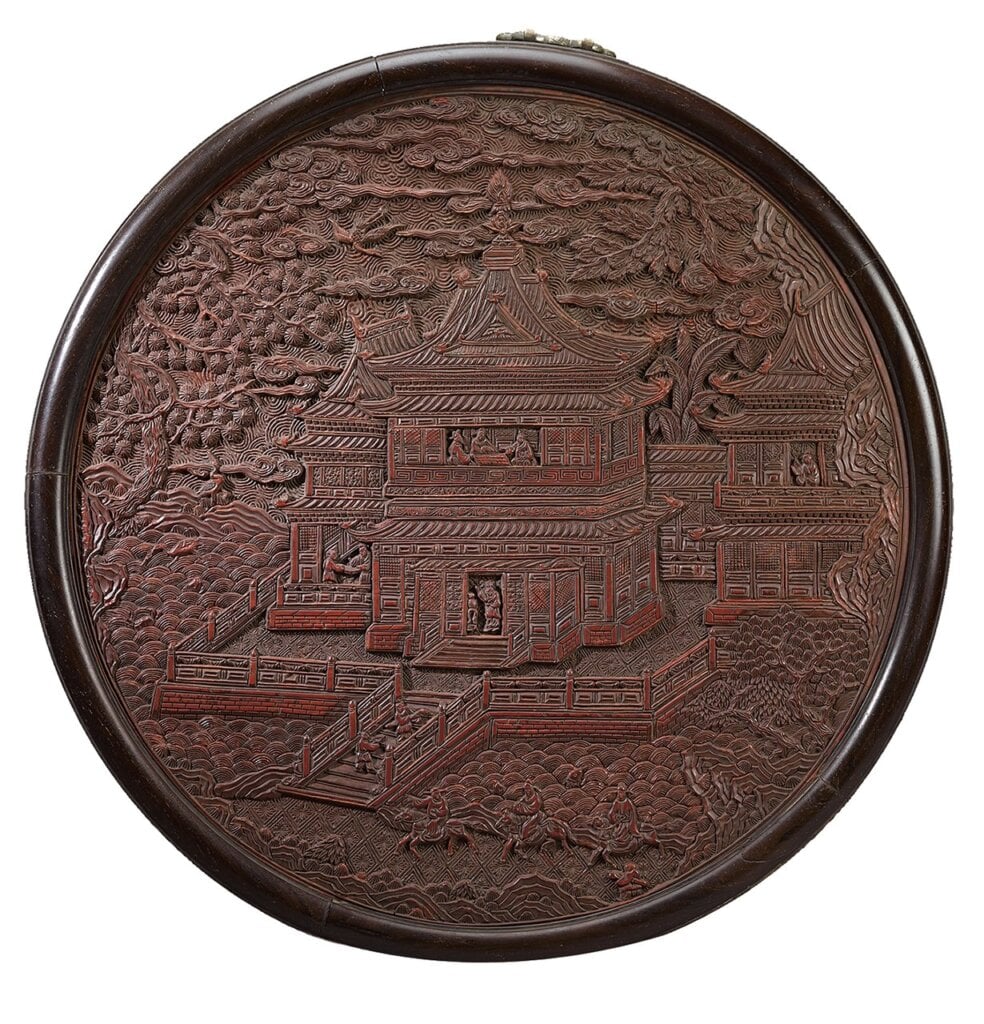 明正德〈剔紅人物樓臺圖圓屏〉。