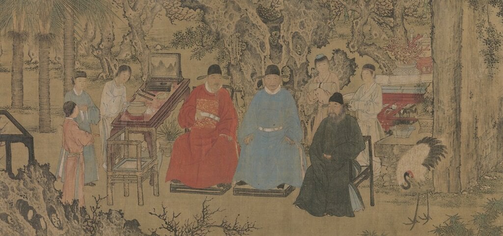 明代謝環〈杏園雅集圖〉局部，收藏於美國大都會博物館。圖／美國大都會博物館。