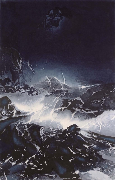 劉國松《夜靜雪山空》，木刻水印，152×100cm，2016。（台南藝術博覽會提供）