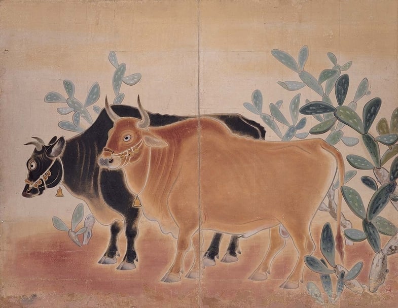 林玉山《雙牛圖》,膠彩、紙,1941。(北美館提供)