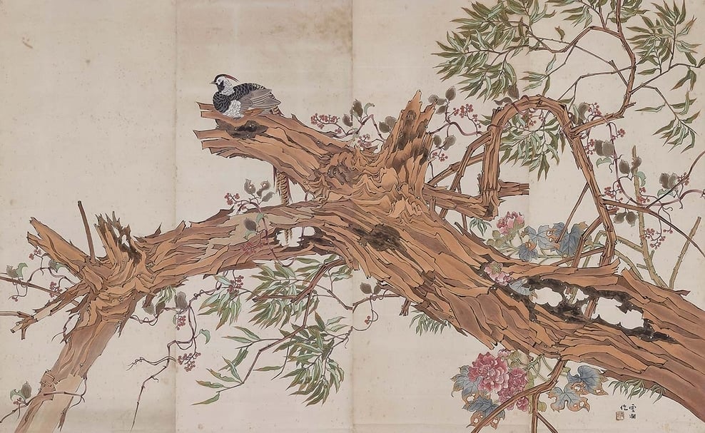 郭雪湖《秋江冷豔》,水墨,152×56.25cm×4p (四連屏,總尺寸: 152×225cm),1940。( 國美館提供)