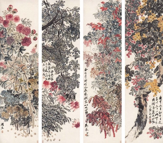 齊白石1920年作〈福祚繁華〉四屏。（本刊資料室提供）