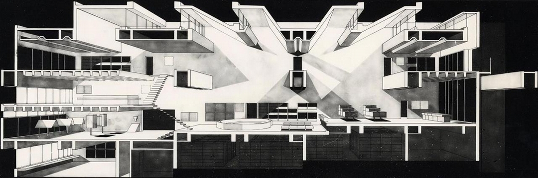 大分縣立圖書館剖面透視圖。（© Arata Isozaki and Associates）