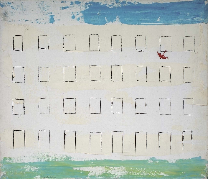 葉世強《樓窗紅傘》，布面油畫，45×52cm，2003。（漢雅軒提供）