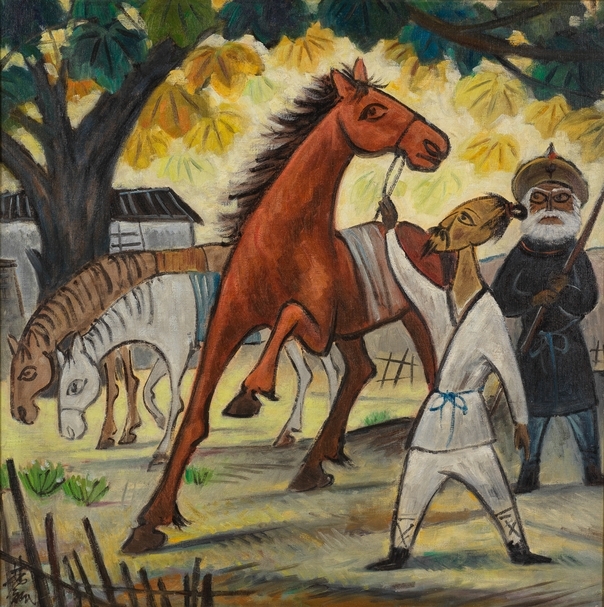 林風眠《伯樂相馬》，油彩畫布、鏡框，75x75cm，估價：4,000,000-6,000,000港元。（邦瀚斯提供）