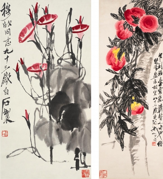 左圖：齊白石《牽牛花》，設色紙本，立軸，68x35cm，估價：400,000-600,000港元；右圖：齊白石《乍到瑤台露氣清》，設色紙本、立軸，135.5 x 48.5cm ，估價：,800,000-5,000,000港元。（邦瀚斯提供）