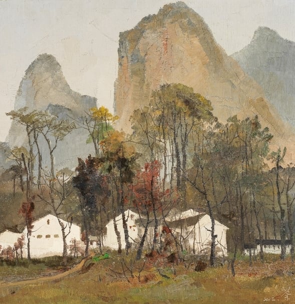 吳冠中《桂林山村》，油彩畫布，鏡框，52.5x52.5cm，1972，估價：,500,000-4,500,000港元。（邦瀚斯提供）