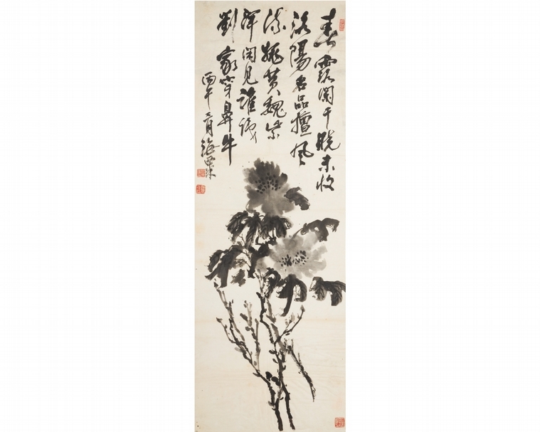 劉海粟《墨牡丹》，水墨紙本，鏡框 ， 136.5x47cm，1966，估價：100,000-150,000港元。（邦瀚斯提供）