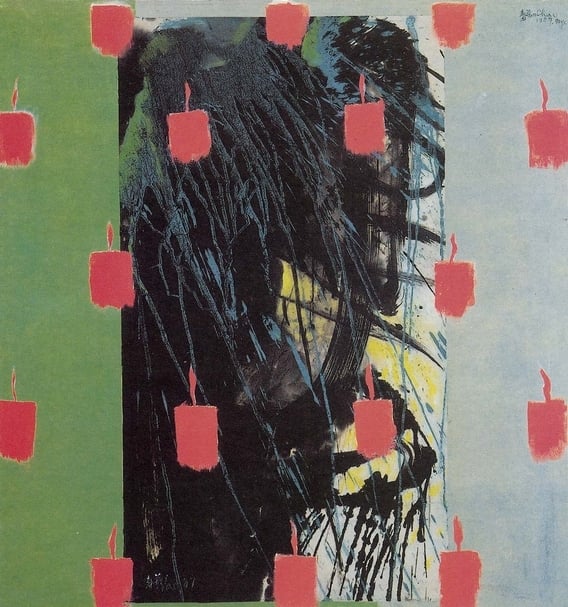 趙春翔《慈暉普佑（二）》 紙、水墨、壓克力彩、畫布，147×138cm，1987。（本刊資料室）