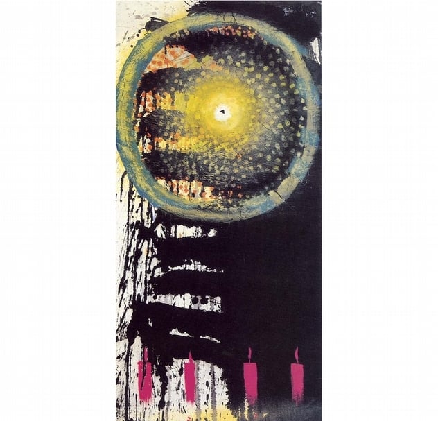 趙春翔《生命之光 》紙、水墨、壓克力彩、畫布，228×130cm，1985。（本刊資料室）