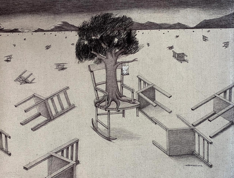 Syahbandi Samat《Bear with Me(Stable)》,原子筆、鉛筆、畫布,2019。(攝影/劉星佑)