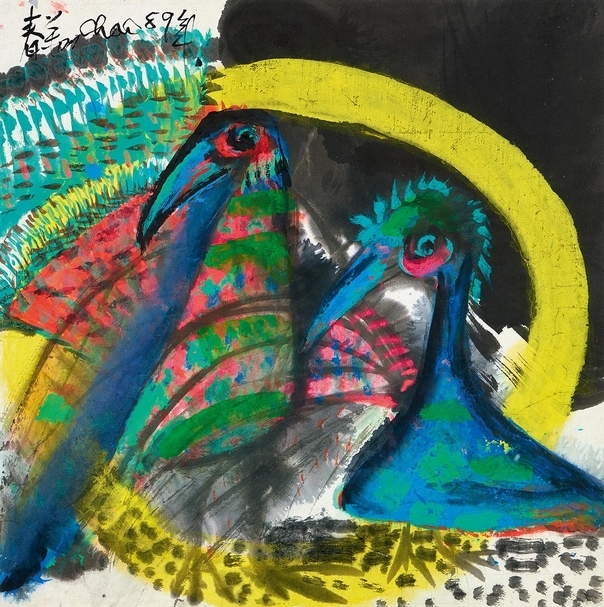 趙春翔《溫馨》，壓克力顏料、彩墨紙本，45x45cm，1989，估價：120,000-180,000港元。（中國嘉德(香港)國際拍賣提供）