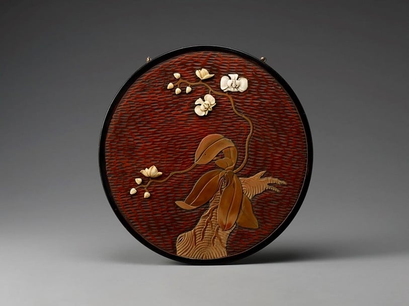 「昔日時光」展品《紅漆台灣鑲骨蝴蝶蘭》掛飾。（台北市立文獻館提供）