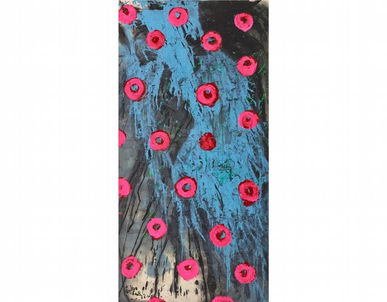 趙春翔《藍色潑彩》，水墨、壓克力顏料、紙本，137.7x68.3cm，1988。（尊彩藝術中心提供）