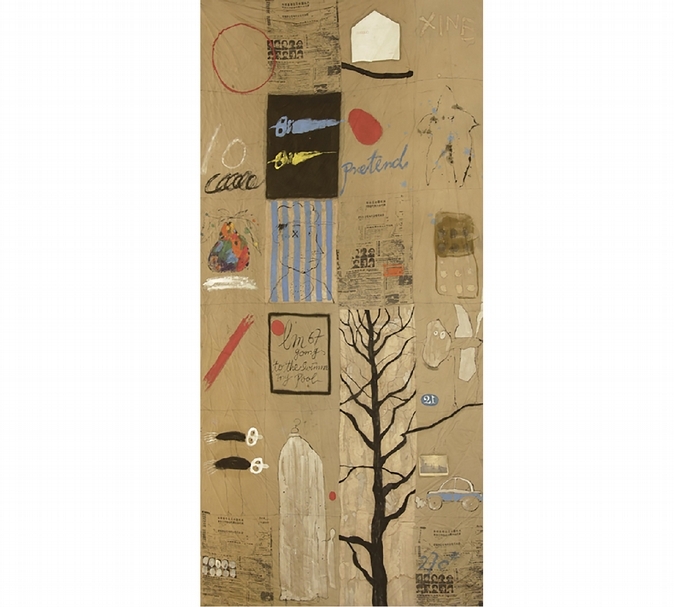 葉永青《冬天的九個鳥籠之一》．綜合媒材、絹．292×145 cm。（本刊資料室）
