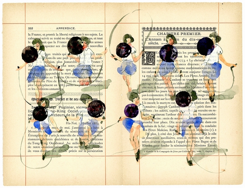 潘濤阮（Phan Thảo Nguyên），《羅德的旅行》（Voyage de Rhodes），現成書本、水彩，23.5x31cm（51件）／23.5x15.5cm（75件），2014-2017。（©藝術家和上海外灘美術館）
