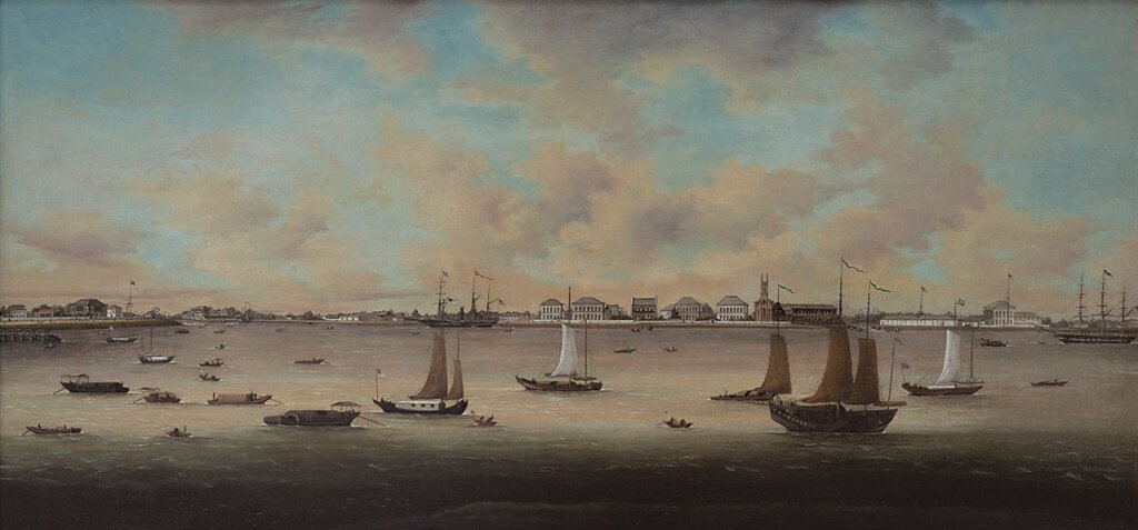 約1855年〈上海外灘美國租界遠景圖〉,陳康瑞、陳雪兒藏。圖/香港海事博物館。