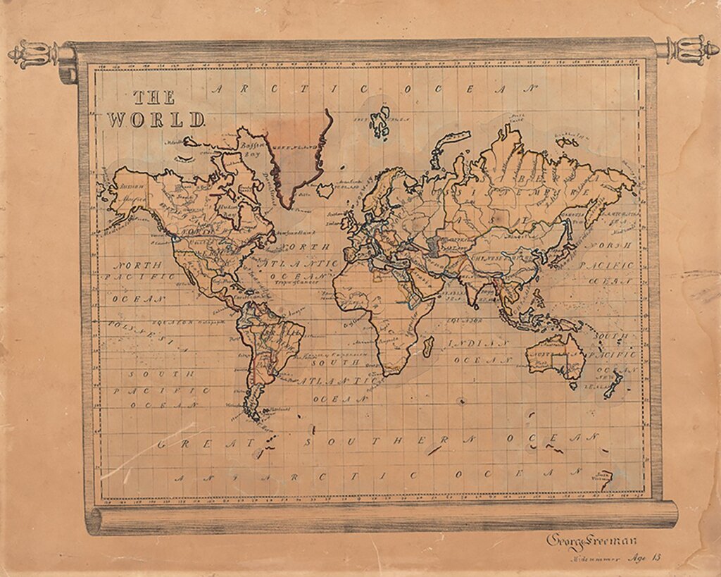 約1811年後〈由13歲喬治.弗里曼著色的世界地圖〉,譚廣濂藏。圖/香港海事博物館。