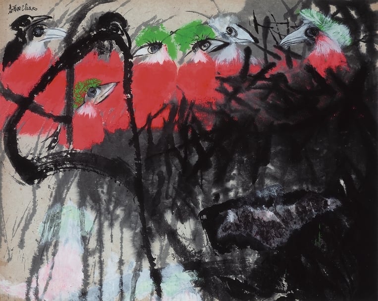 趙春翔《群鶴》紙、水墨、壓克力彩、畫布，72×91cm，1974。（本刊資料室）