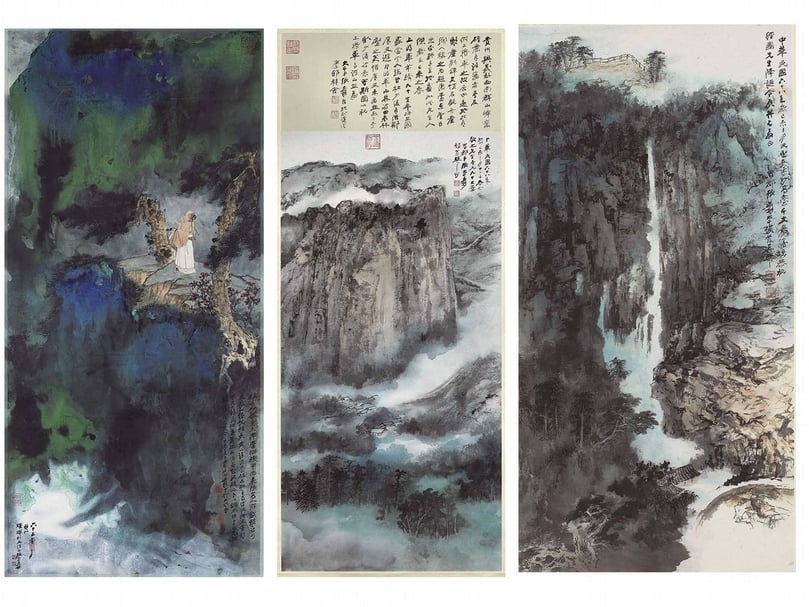 （左）張大千〈潑墨山水〉，149.4×70.8公分，中華電信有限公司寄存。／（中）張大千〈泥蕩風景圖〉，118×60公分，國防部移贈何應欽將軍遺藏。／（右）張大千〈山水〉，138.4×70.6公分，總統府移撥。圖片提供：國立故宮博物院。