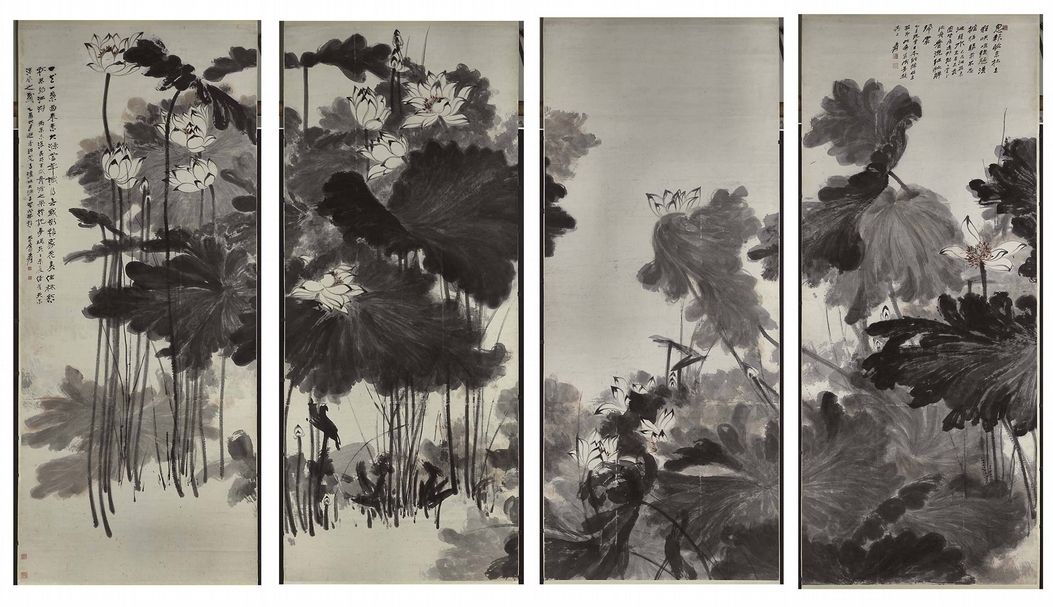 張大千〈墨荷四聯屏〉 ，359.6×148.6公分；359.4×149.4公分；358.4×149公分；358×148.2公分，國立歷史博物館藏。圖片提供：國立故宮博物院。