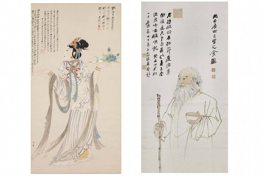 （左）張大千〈散華圖〉，176×93公分。／（右） 張大千〈乞食圖〉，135.9×69.1公分，蔣復璁捐贈。 圖片提供：國立故宮博物院。