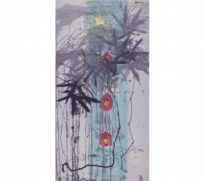 趙春翔《國泰民安》 紙、水墨、壓克力彩、畫布，174×91cm，1980。（本刊資料室）
